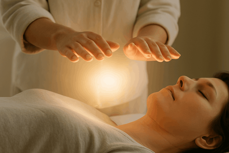 Reiki practitioner’s hands hovering above client during healing session