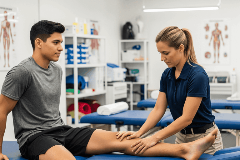 Sports massage therapist working on athlete’s leg muscles for recovery