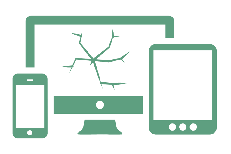 a computer monitor screen with a broken screen and a cell phone