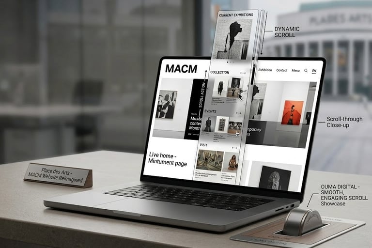 MACM museum website redesign on a laptop showing a dynamic scroll UI and digital art collection.