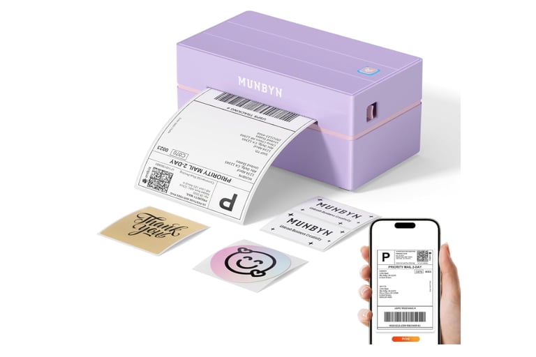 Purple Munbyn thermal label printer printing a shipping label with a smartphone and custom stickers.