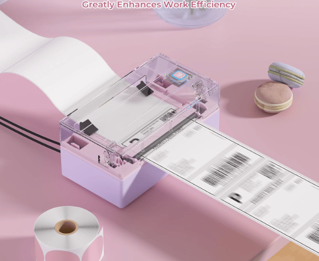 Purple thermal label printer for shipping with fast 180mm/s speed next to macarons and pink sticker roll.