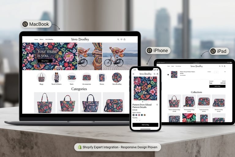 Responsive Shopify website design for Vera Bradley displayed on MacBook, iPhone, and iPad screens.