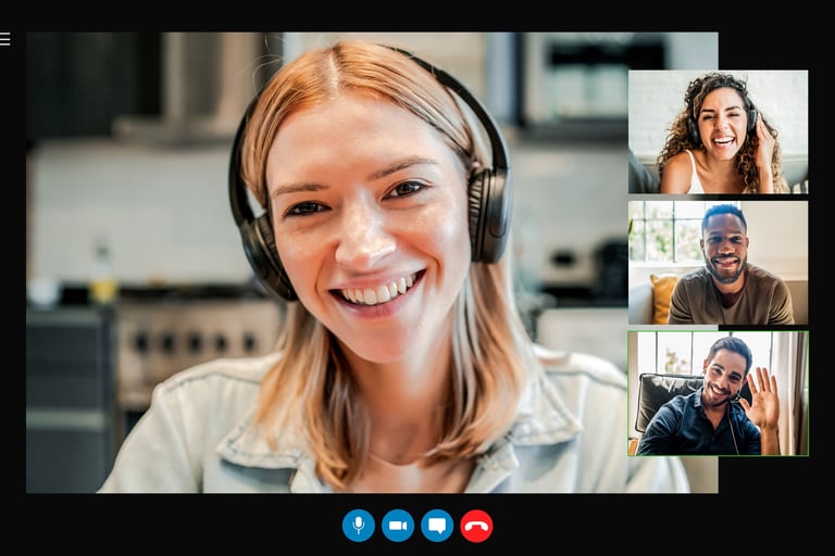 Image of a blonde woman having an online interview/call with prospective teachers who want to travel the world while teaching