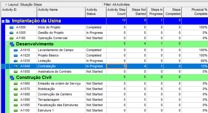Acompanhamento da situação de Steps no P6