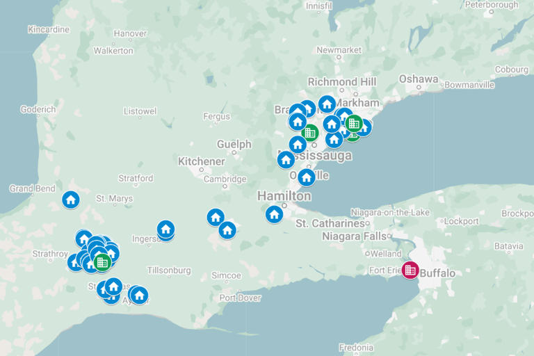 Custom Google Map showing competed carpet installation projects by Master Carpet across Ontario.