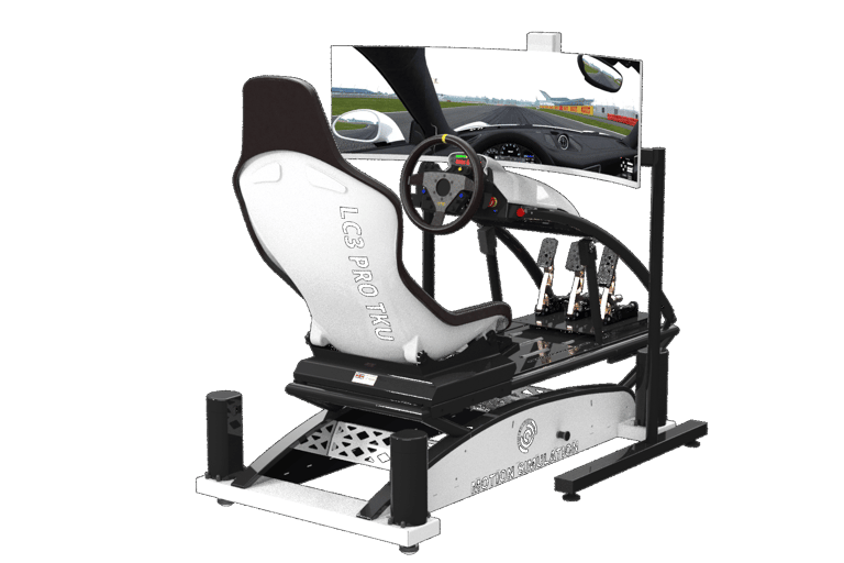 Professional motion simulation racing rig with bucket seat, steering wheel, and triple monitor setup.