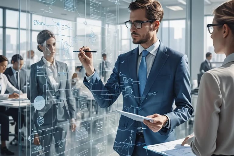 a man and woman in business attire standing in front of a glass wall
