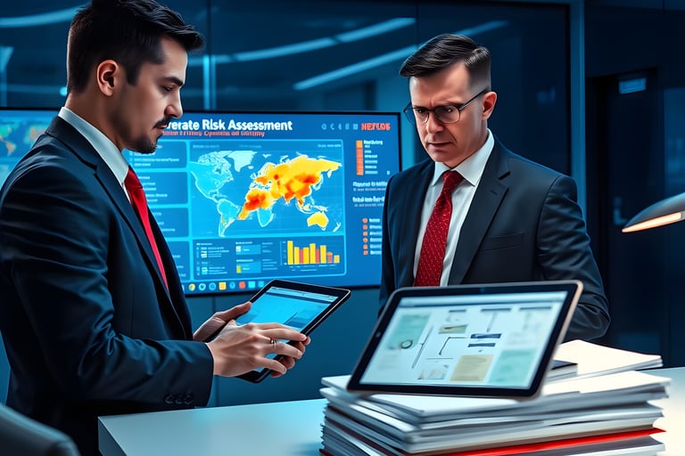 two men in suits and ties standing in front of a computer screen