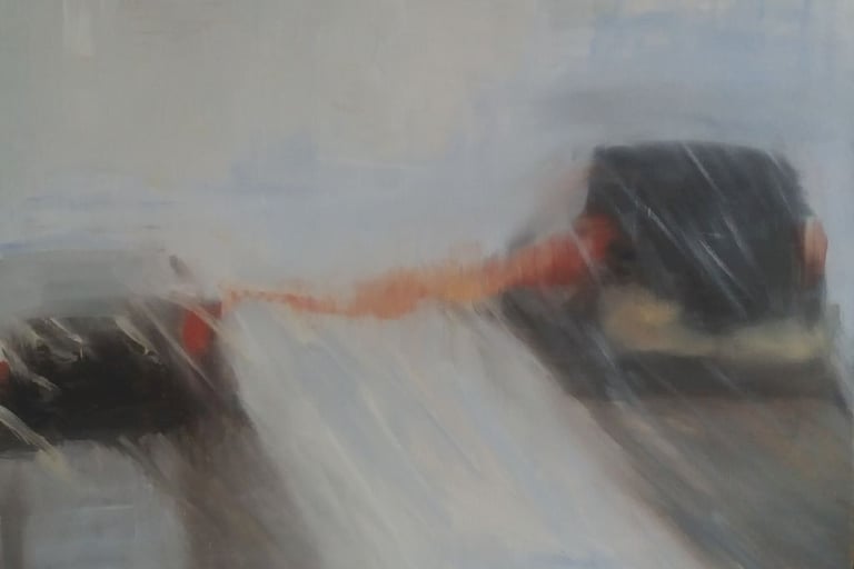 Besneeuwde snelweg, olie op doek