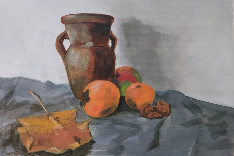 Stil leven met esdoorn blad, acryl op papier