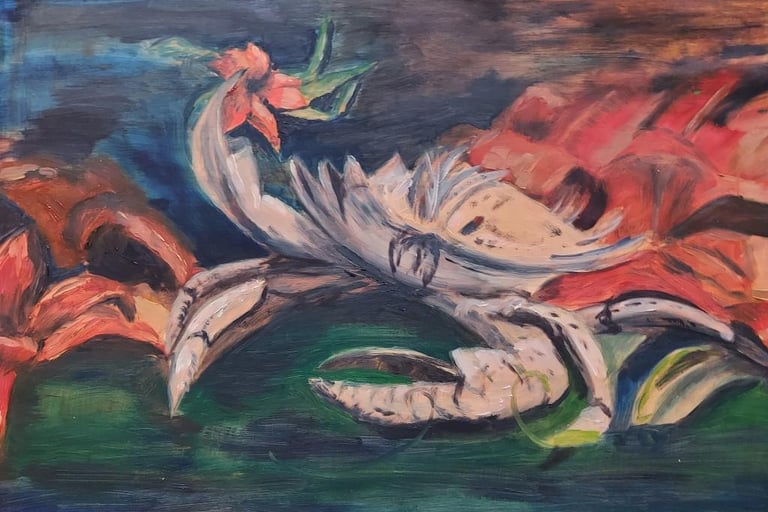 Stil leven met krab, olie op papier,