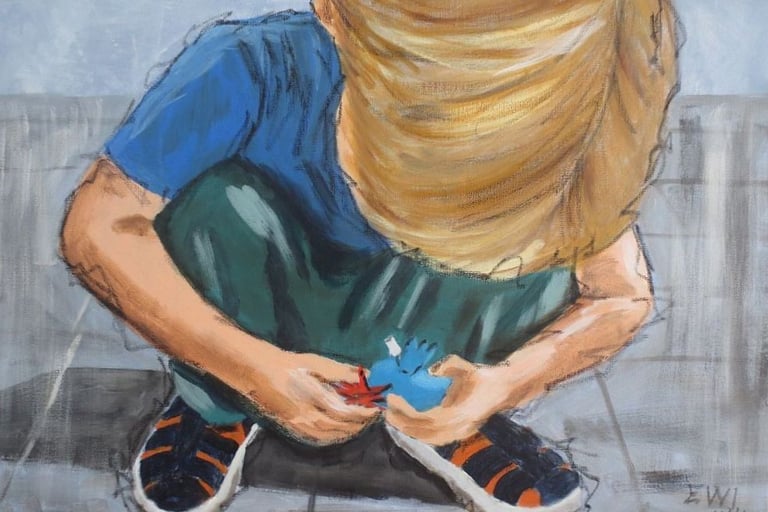 Kind met speelgoed, acryl op doek