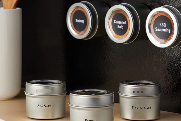Talented Kitchen 24-pack magnetic spice jars for refrigerator with strong magnets and labels