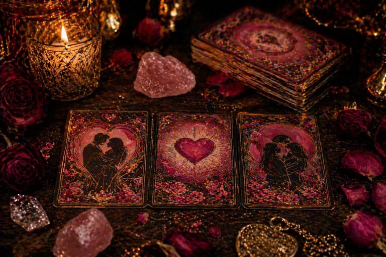 tarot do amor online com cartas em tons rosa e vermelho em leitura espiritual sobre relacionamento 