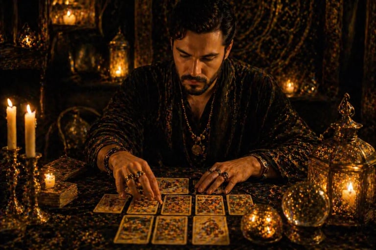 tarologo online whatsapp realizando consulta de tarot com cartas em mesa mistica iluminada por velas