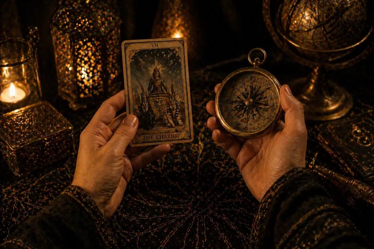 Tarot online com carta o carro e bussola para orientação