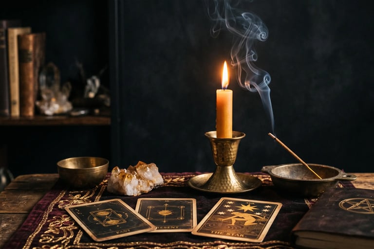 Consulta de tarot online via WhatsApp com tarólogo profissional, mesa mística com cartas e cristais 