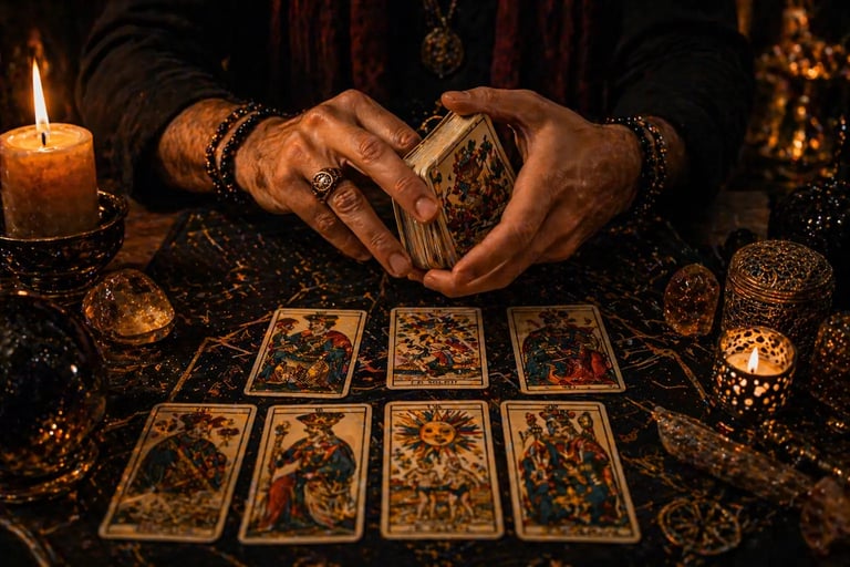 tarot online whatsapp com tarologo embaralhando tarot de marselha em mesa mistica com velas 