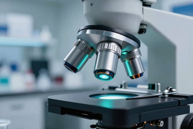A high-precision macro photograph of a laboratory microscope objective lens with a teal light glow. In the background, a modern, organized North American / International biotech laboratory is visible with cool blue tones and white furniture.