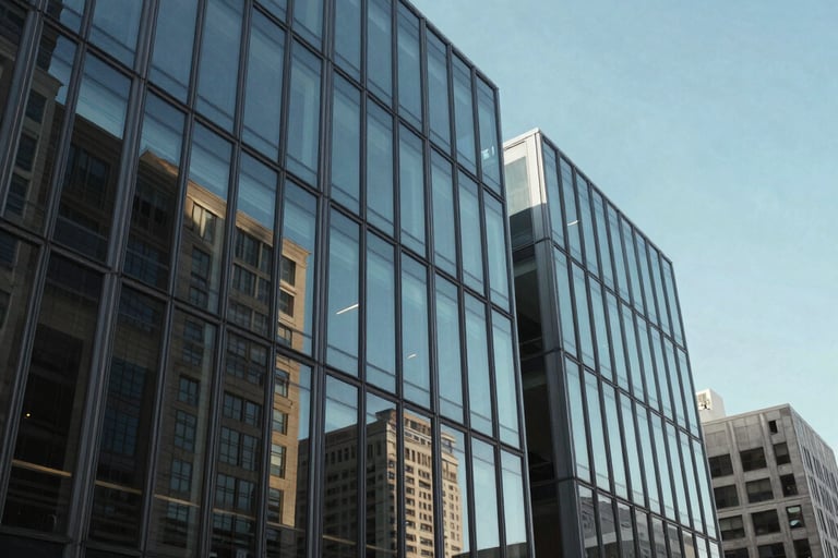 The exterior of a modern, glass-fronted foundation office in a North American city, reflecting a clear blue sky, exuding authority and trust.