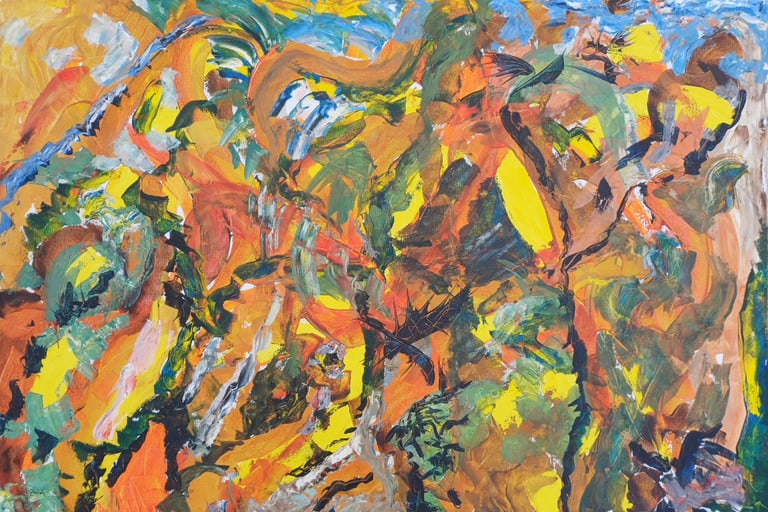 Riot of Spring — fluid blue organic forms on amber ground, large abstract acrylic, by Zanda