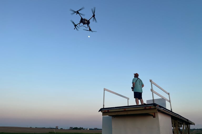 Large Crop Drone Flying at dusk under clear blue sky
