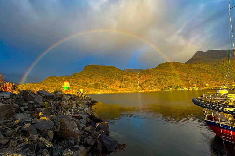 Fish and chips servert i takeaway-boks hos Maritime Munchies i Moskenes, Lofoten