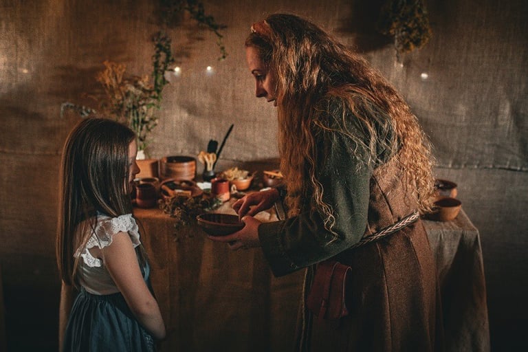 a woman in a dress holding a bowl is talking to a little girl in front of a table of herbal remedies