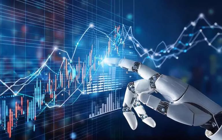 a robot hand holding a finger up to a stock market chart