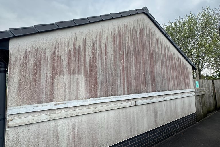 before and after photo of render cleaned by webster exterior in blackpool