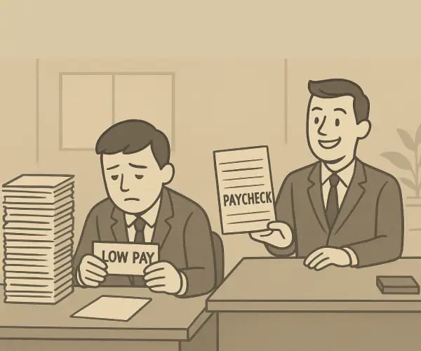 Two suited men at a desk, engaged in conversation while examining their paycheck