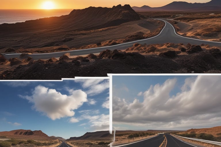 a series of four different images of a road