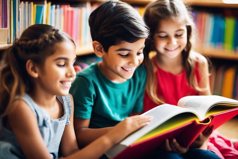 crianças lendo um livro de estudo