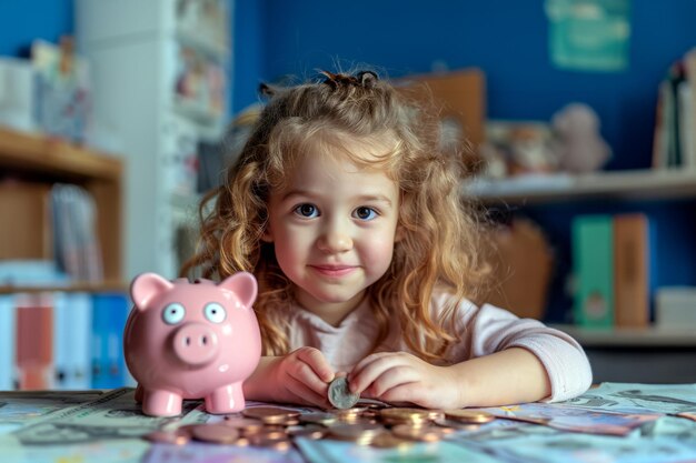 imagem de uma criança juntando suas primeiras economias no seu cofrinho.