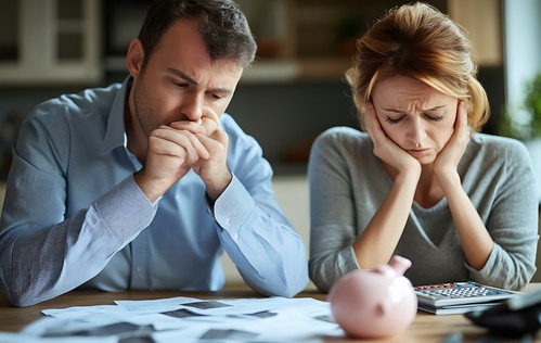 imagem de um casal preocupado com suas finanças.