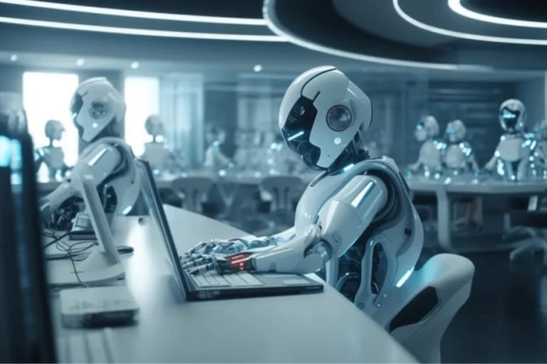 imagem mostra um escritório com maquinas robôs trabalhando no lugar dos seres humanos.