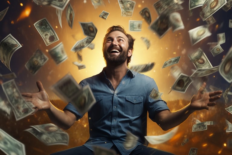 imagem mostra um homem contemplando o dinheiro conquistado nos seus investimentos.