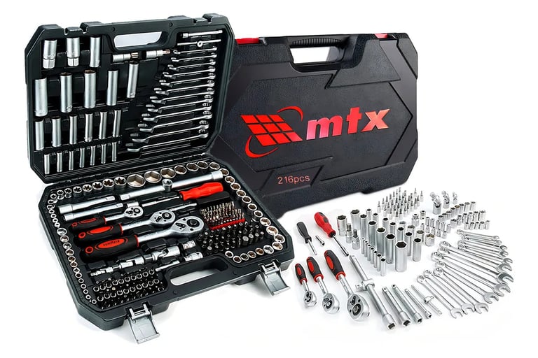 Kit Jogo De Soquete Chave Catraca 1/4 3/8 E 1/2 Pol. MTX Combinada Allen Maleta 216 Peças Aço Cr-v 1