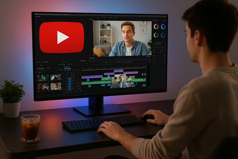 Freelancer editing YouTube video on desktop monitor — high-income skill for video creators and editors.