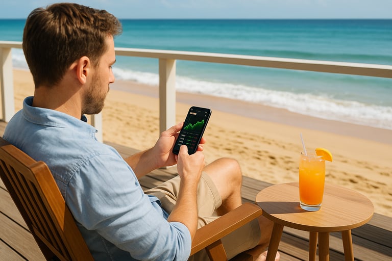 Man sitting on beach chair using smartphone to manage passive income and investing side hustle