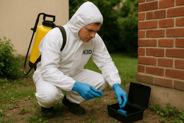 Technicien deratiseur qui réalise une dératisation ,,