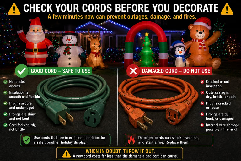 A holiday inflatable display with two extension cords side-by-side, one good one worn