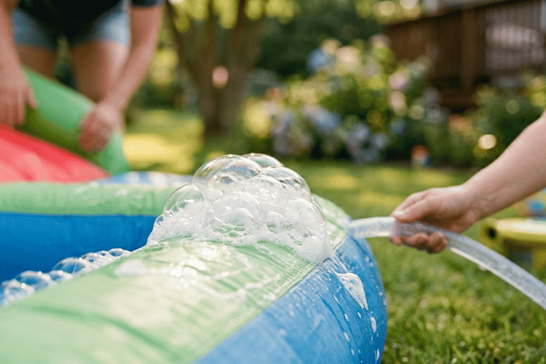 close‑up of inflatable seam with bubbles from soap test