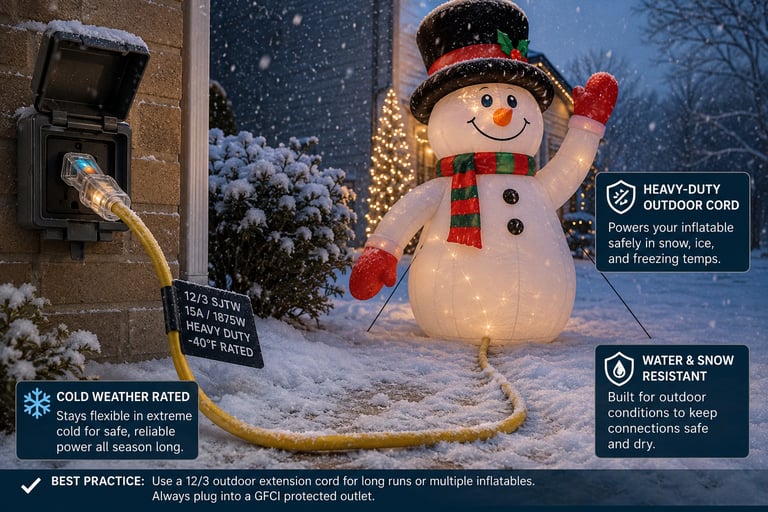 Heavy-duty outdoor extension cord powering Christmas inflatable in snowy winter conditions