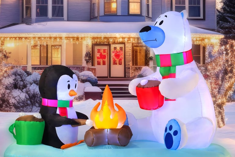 Inflatable Polar Bear and Penguin with Campfire Decoration, Blow Up Yard Decoration 