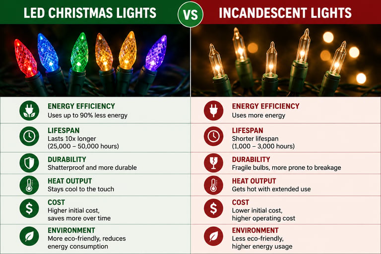 LED Christmas lights vs incandescent lights. Image is a comparison