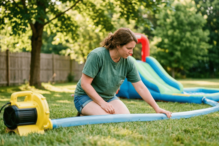 parent checking blower tube for inflatable slide to see if the blower tube is twisted