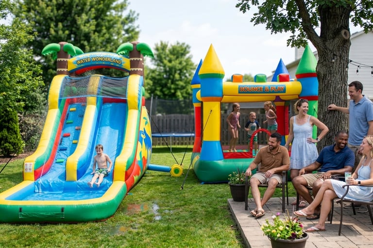parents watching kids play on inflatables in a backyard