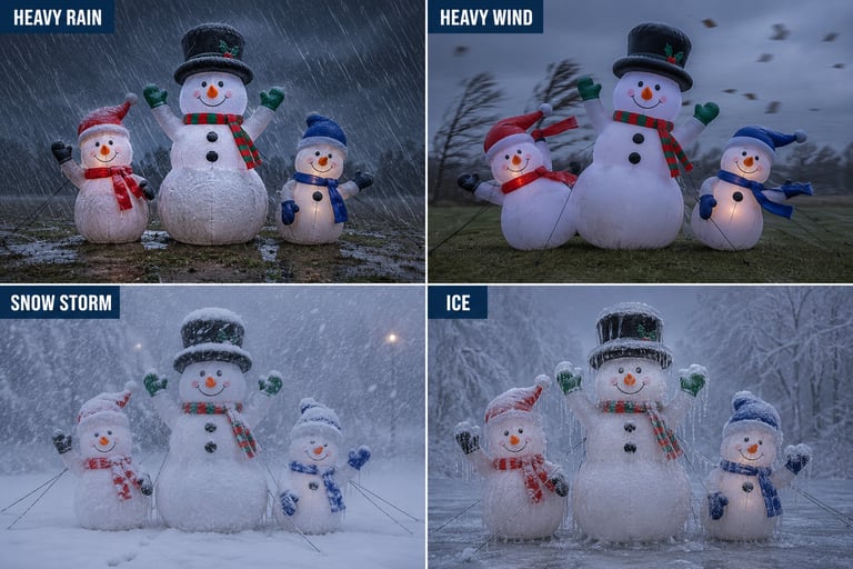 the same snowman inflatable display in heavy rain, heavy wind, snow storm, and ice